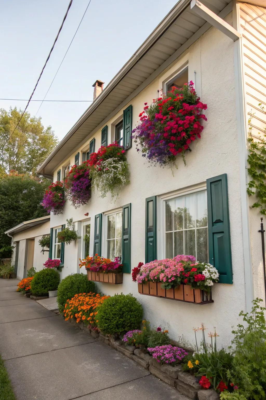 Colorful window boxes bring a touch of charm to this flat front house.