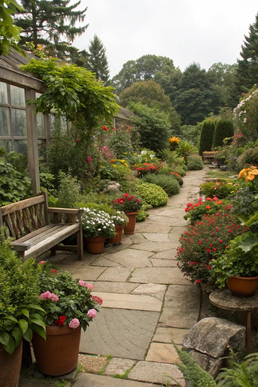 A versatile garden with a mix of plants and pots.
