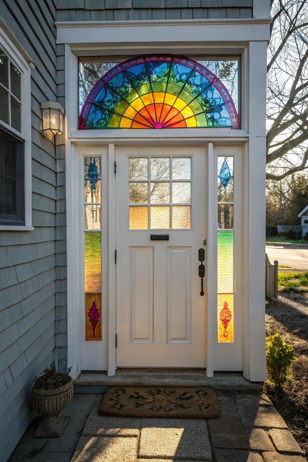 A vibrant stained glass transom window adding artistic flair.