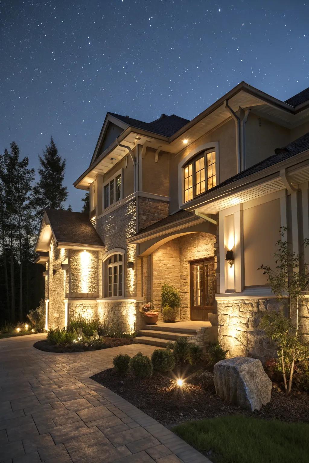 Outdoor lighting highlights textures and features beautifully.