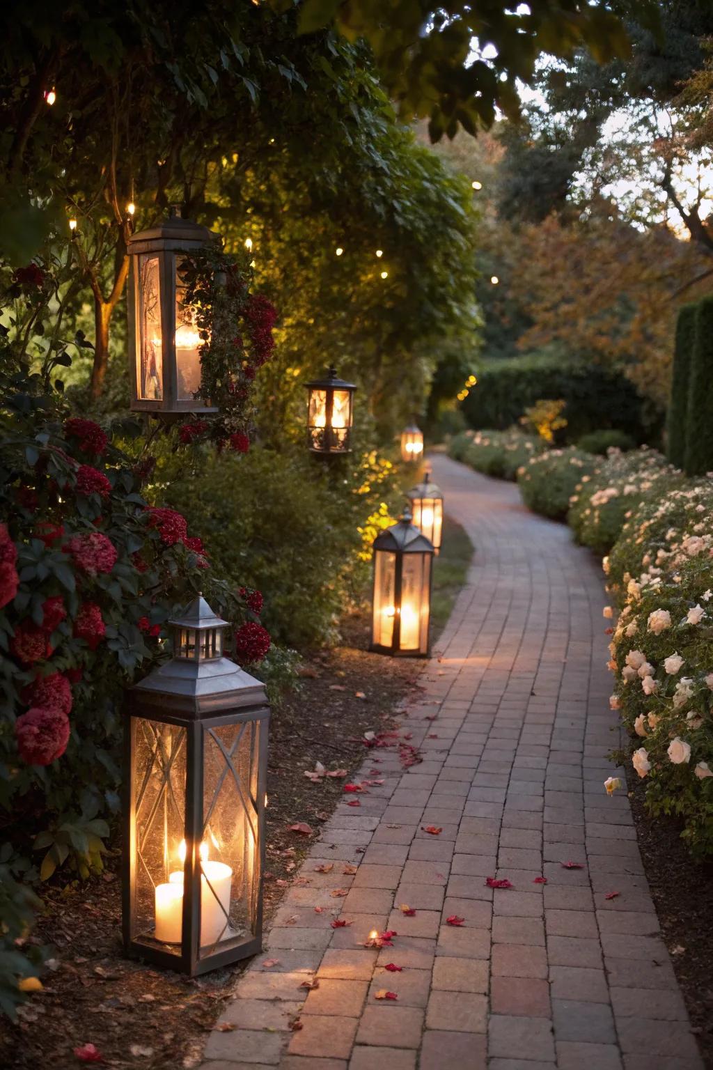 Large lanterns create a cozy, glowing pathway.