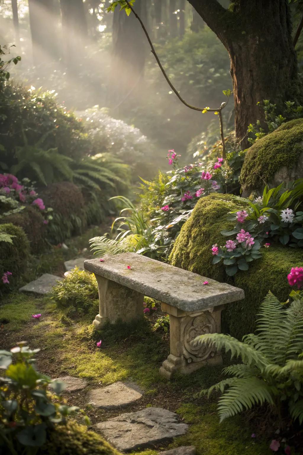 A quaint stone bench nestled in a lush fairy garden.