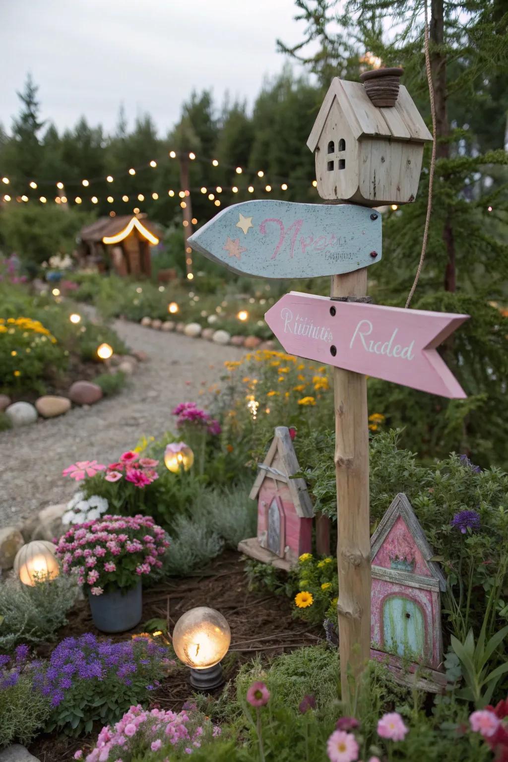 Whimsical arrow signs pointing to magical destinations in a fairy garden.