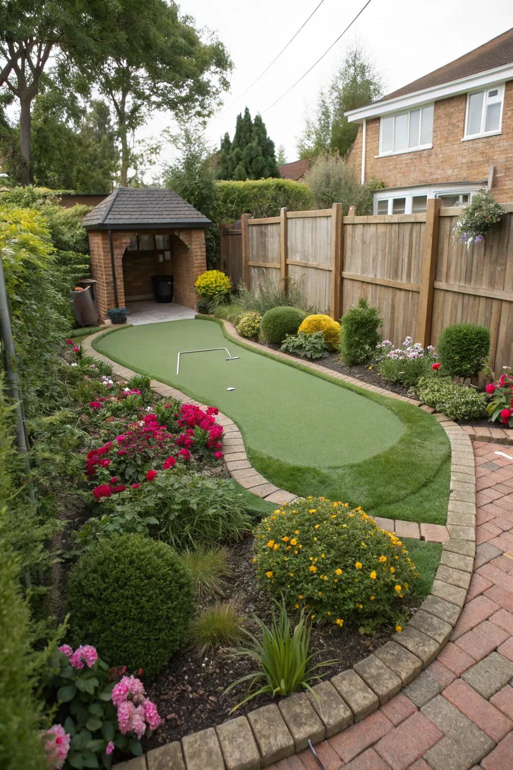 A compact sports spot with a putting green on artificial grass.