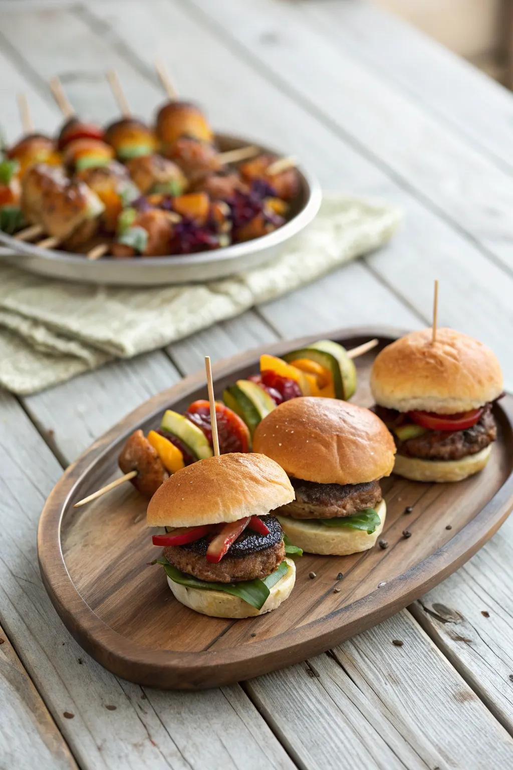 A platter of sliders and veggie skewers, ideal for bonfire snacking.
