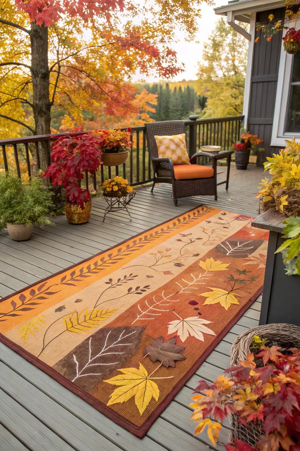 A colorful outdoor rug adds warmth and style to the deck setting.