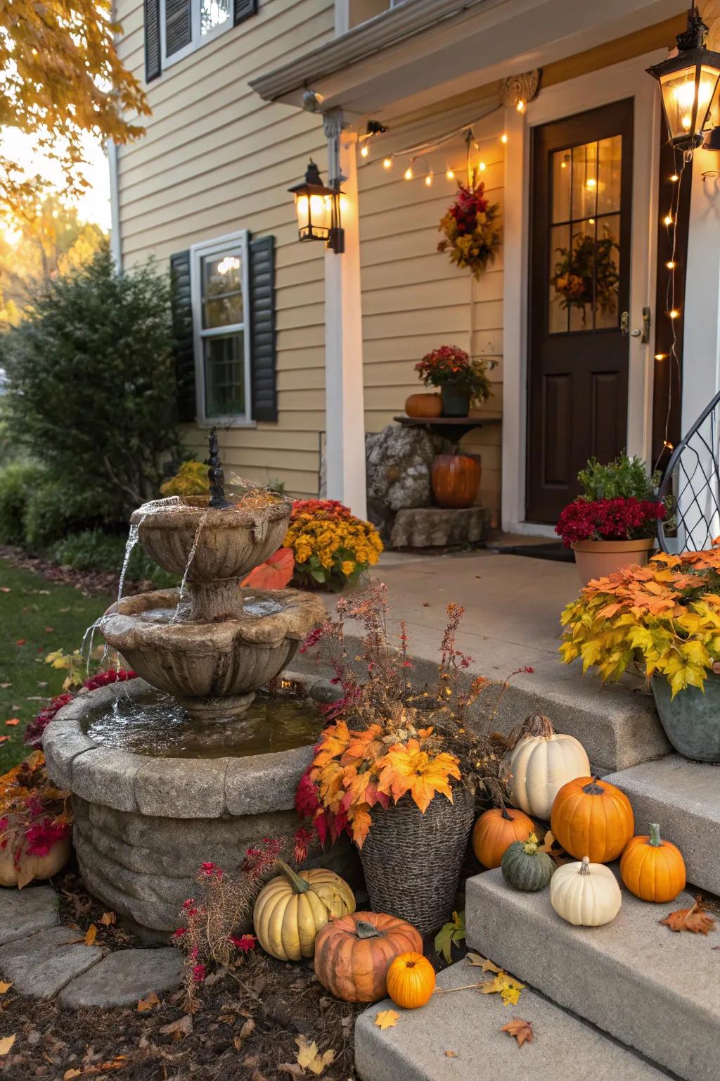 A water fountain adds an unexpected and tranquil touch.