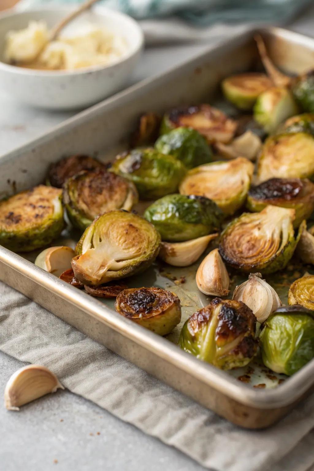 Roasted Brussels sprouts with garlic, a simple yet irresistible fall side.