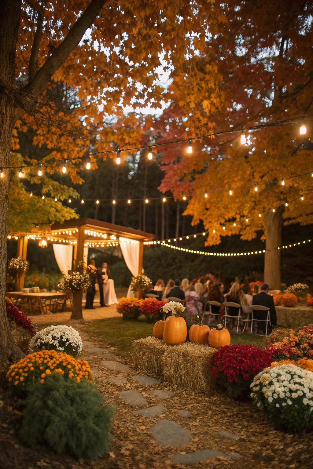 String lights creating a magical ambiance at a fall wedding.