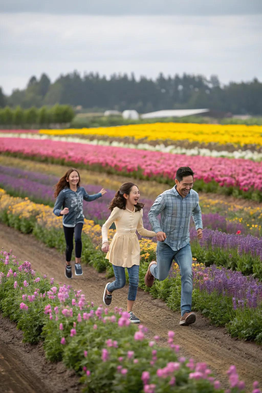 Flower field family adventure, basking in nature's beauty.