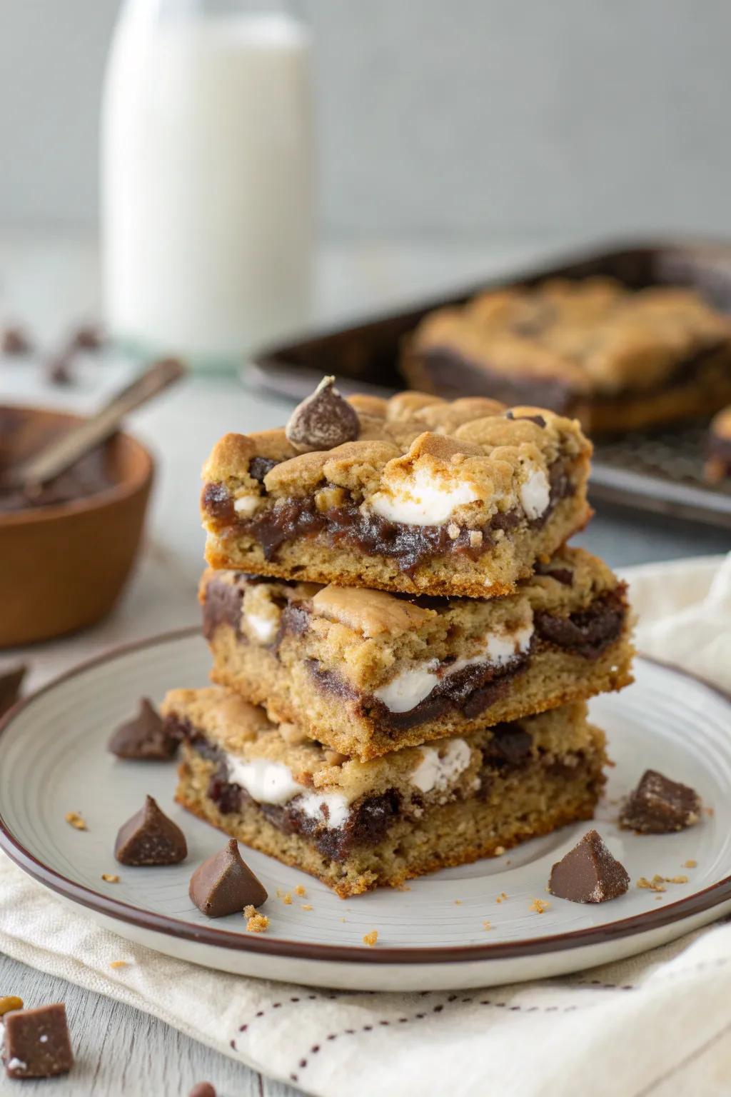 Gooey s'mores cookie bars combining the best of s'mores and cookies.