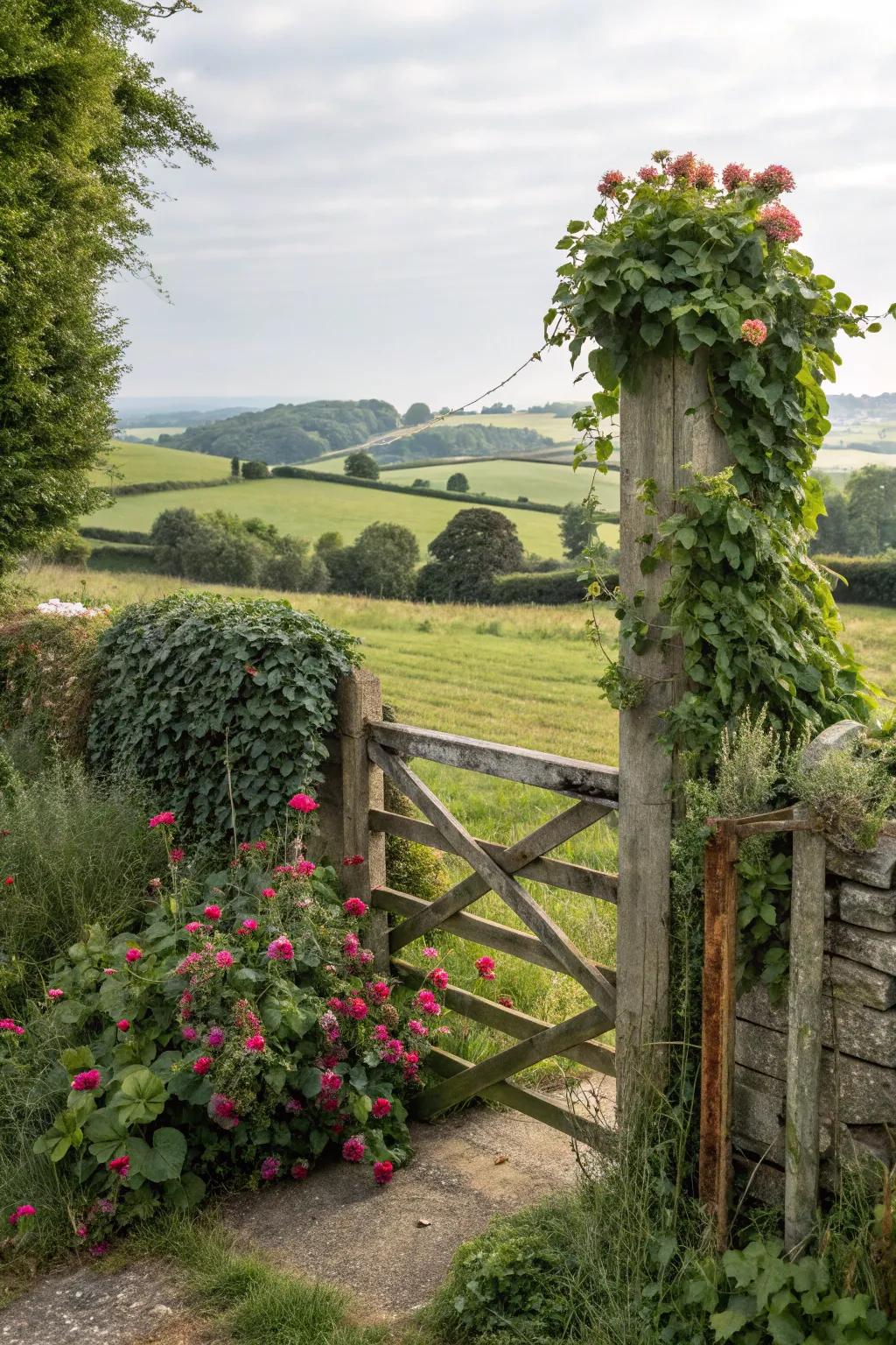 A gate embraced by nature with lush greenery and blooms.