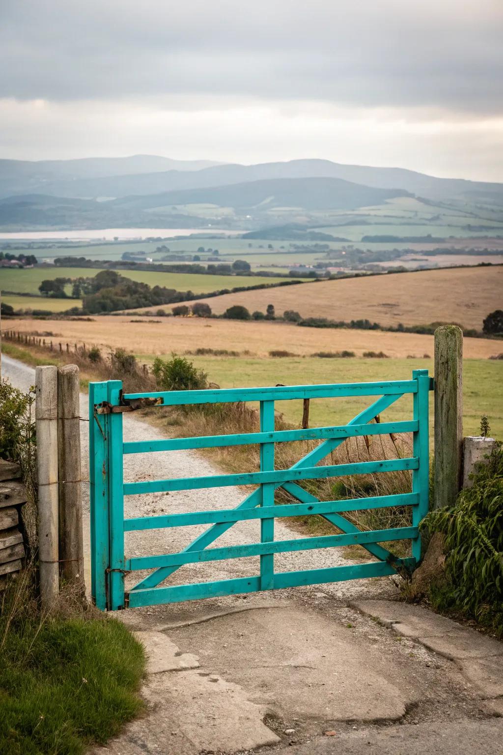 A bold teal gate adds a surprising burst of color, becoming a delightful focal point.