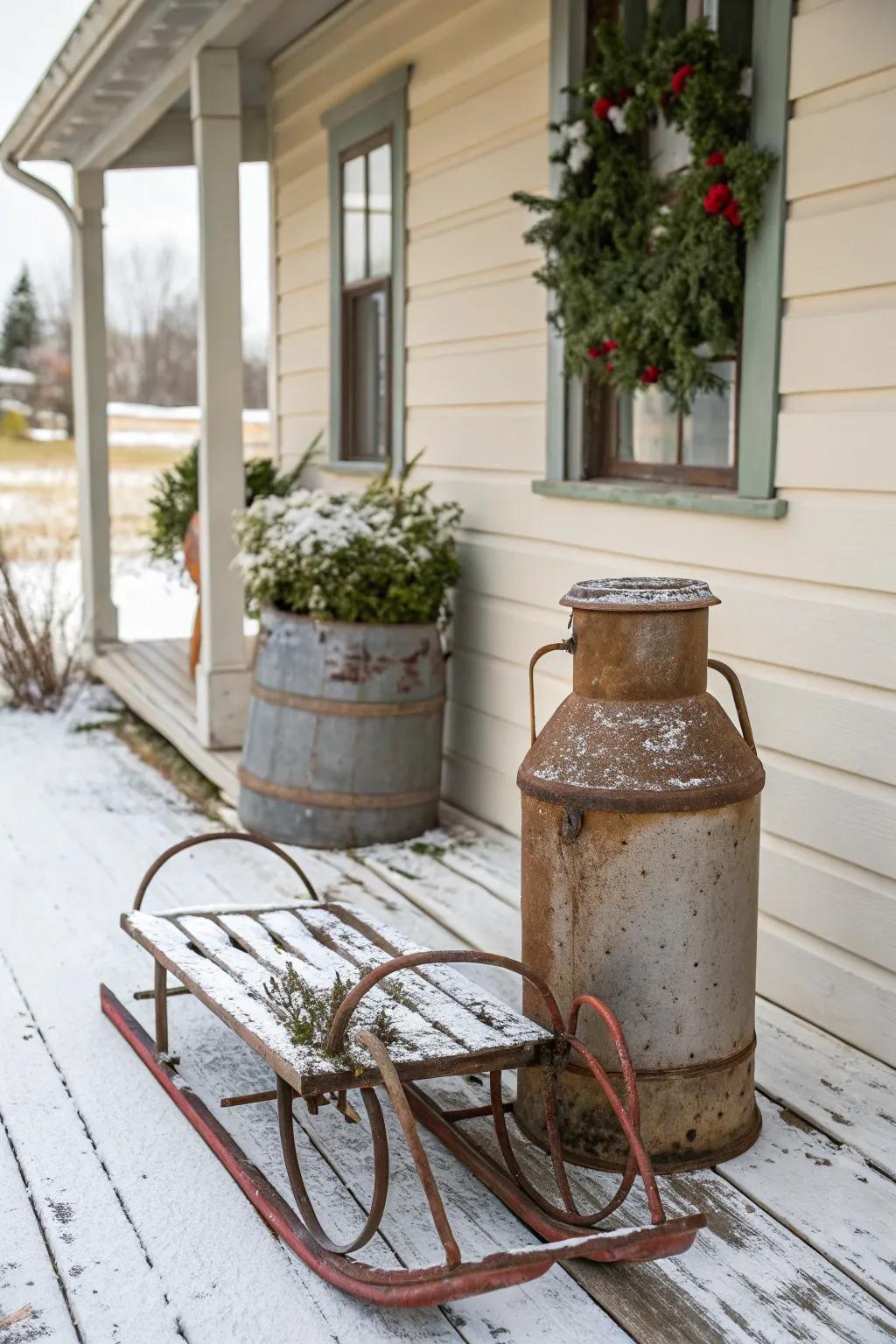 Vintage items like sleds add nostalgic charm to your porch.