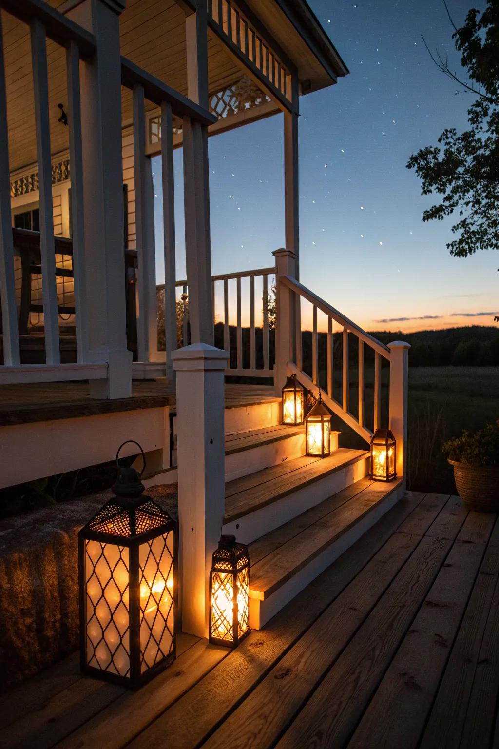 Lanterns illuminate the porch with a gentle glow.