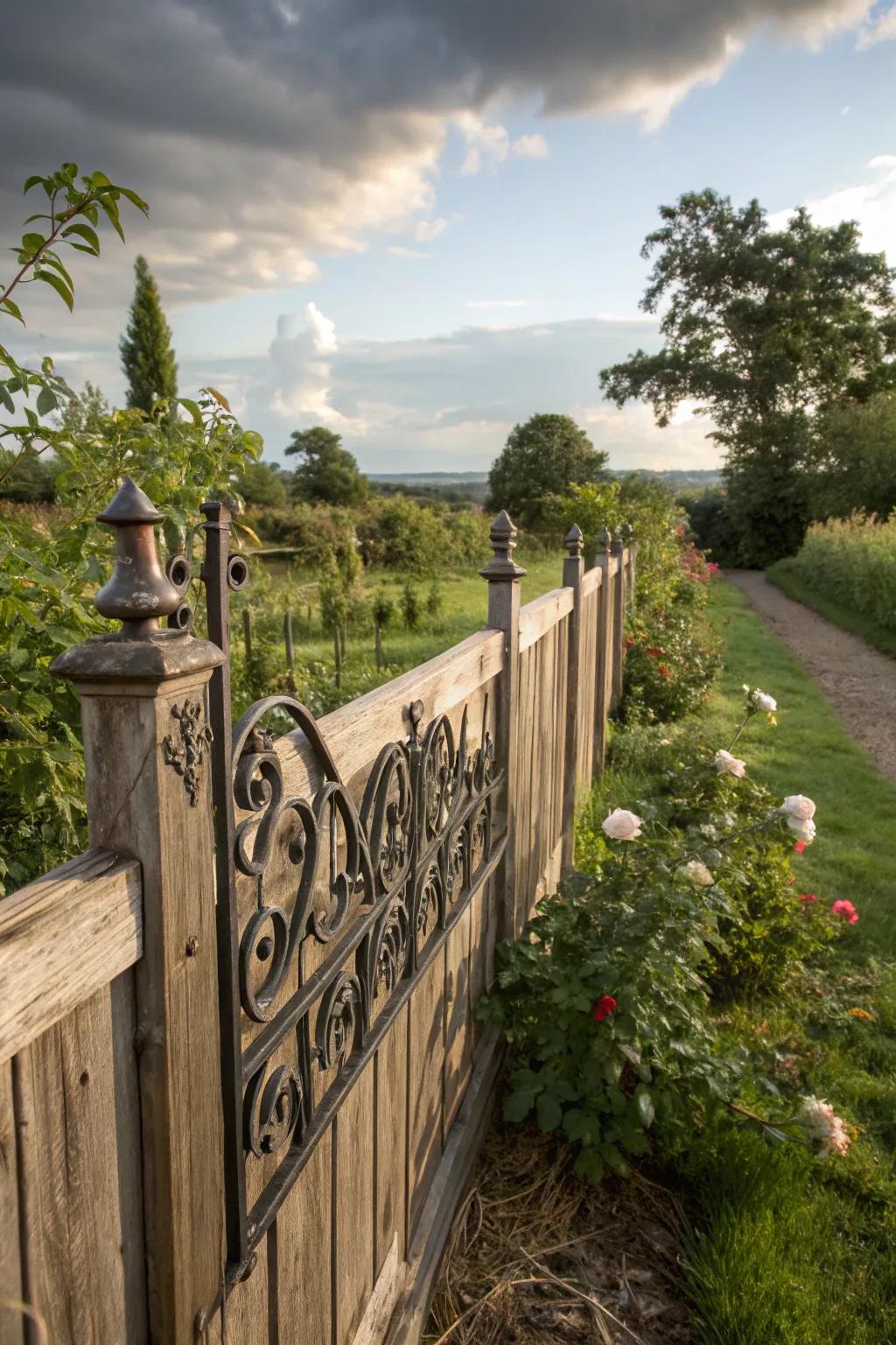 Iron accents bring elegance to a rustic wooden fence.