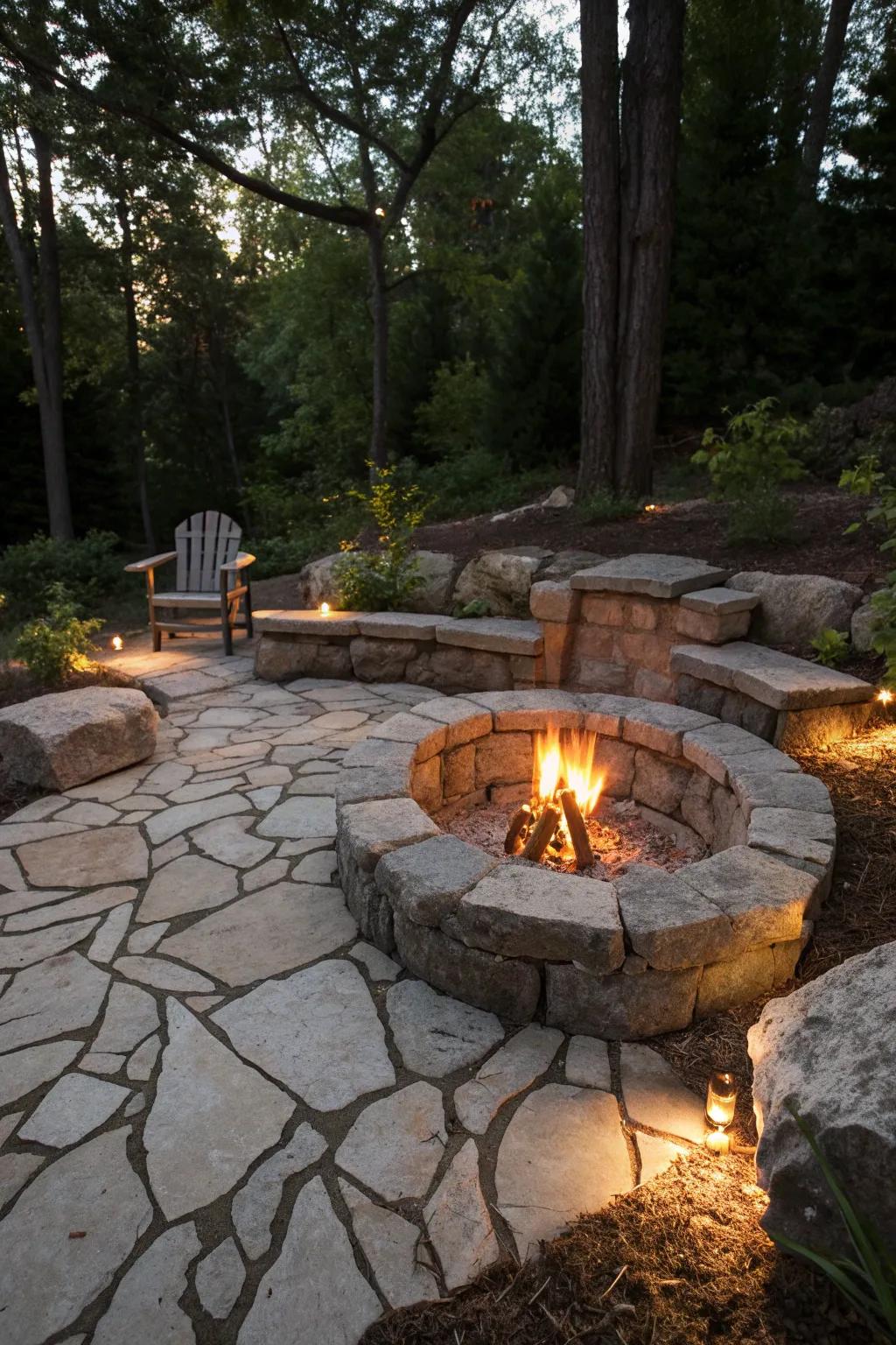 A seamless in-ground fire pit with built-in seating.