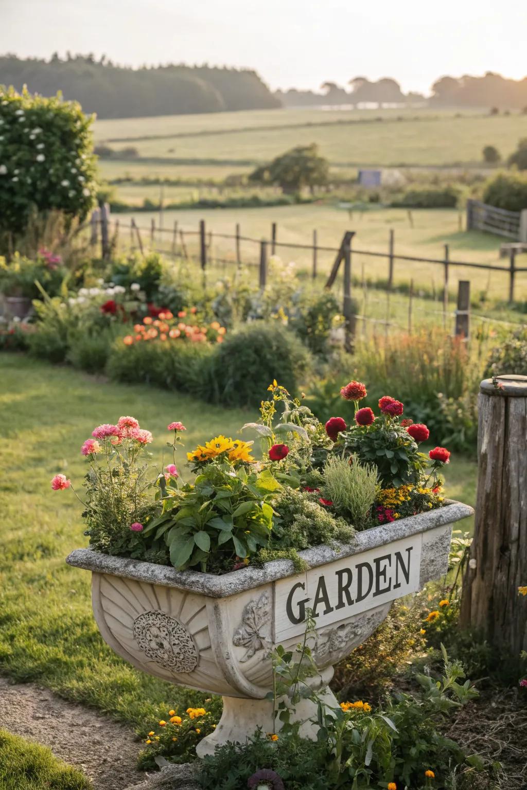 This decorative planter serves a dual purpose as a charming garden sign, adding personality to the space.
