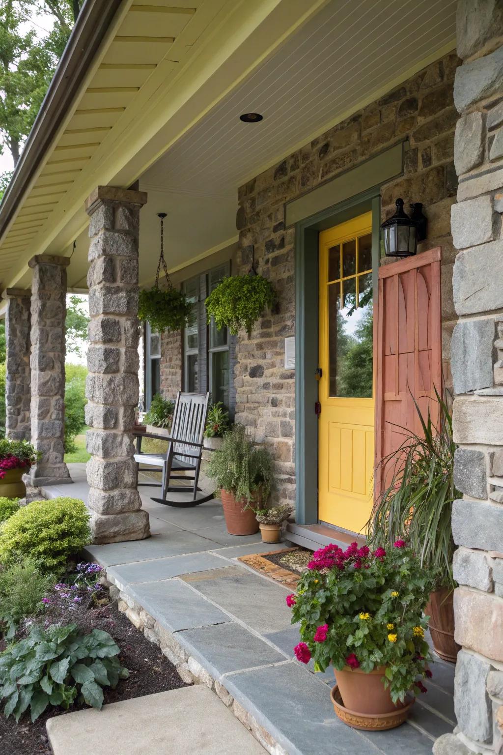 A vibrant front door provides a striking contrast to stone columns.