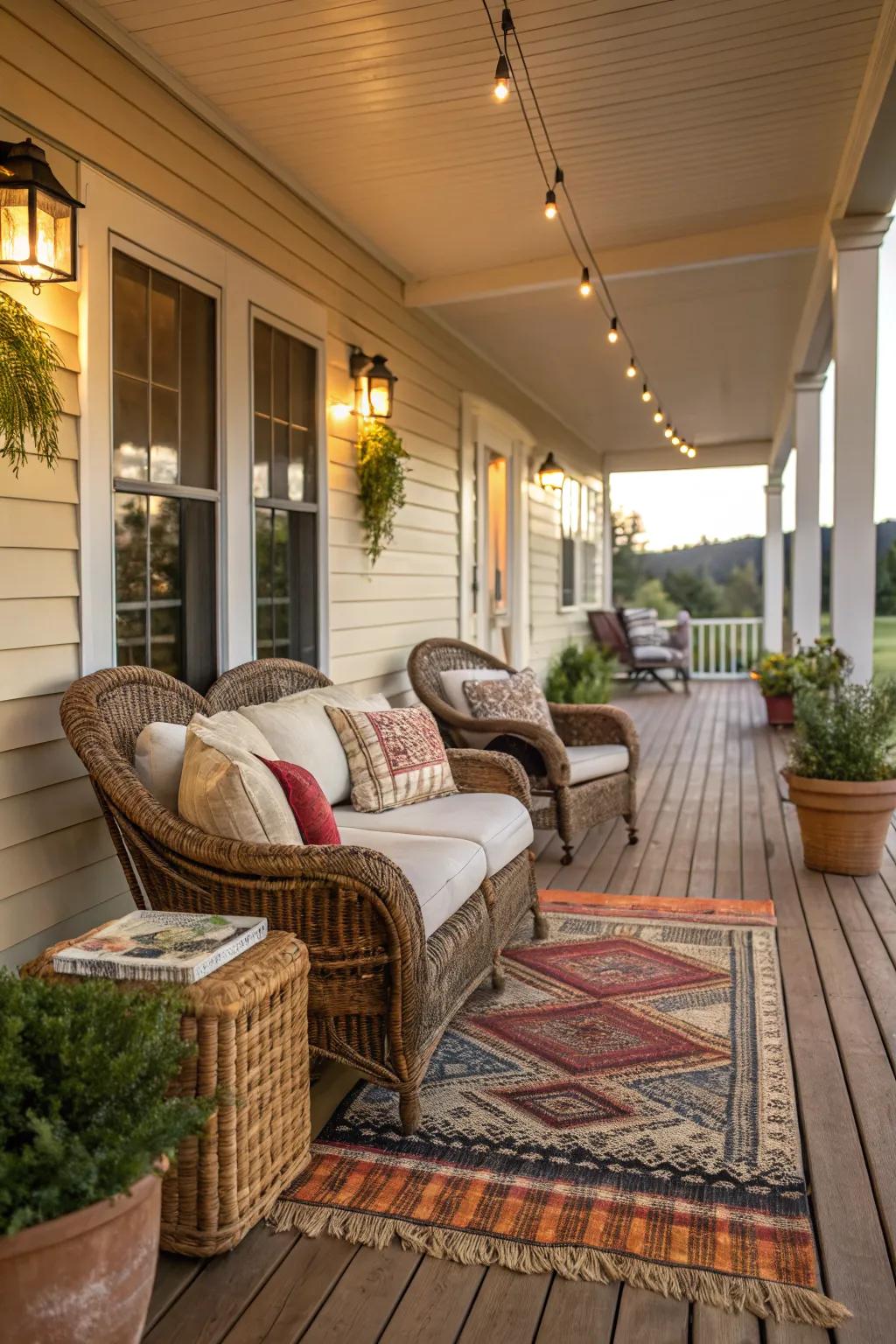 Cozy accents like cushions and rugs complement your porch lighting.
