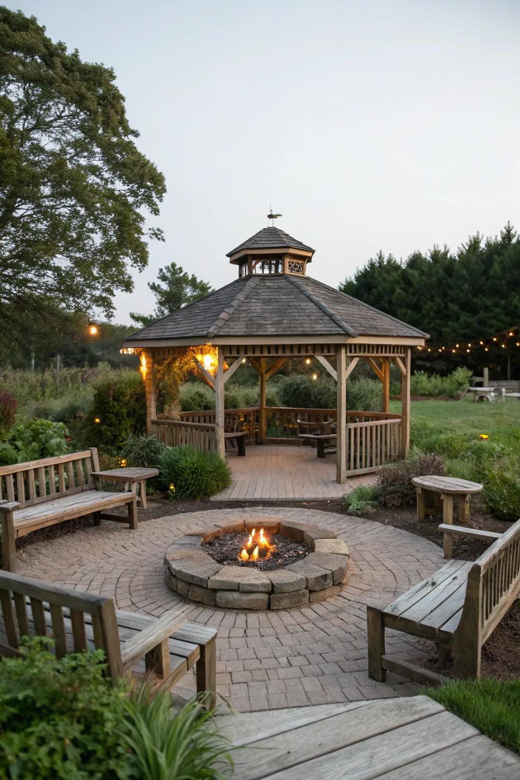A central fire pit makes this gazebo a cozy retreat in any season.