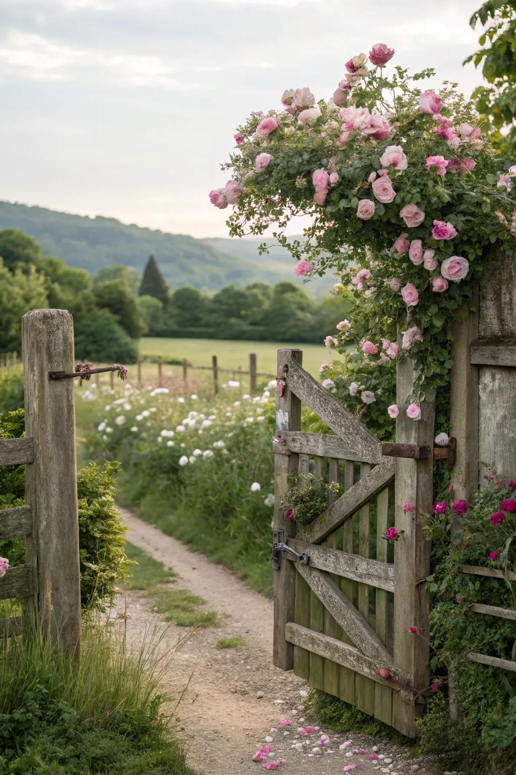 A charming entrance with a rustic gate and blooming roses.