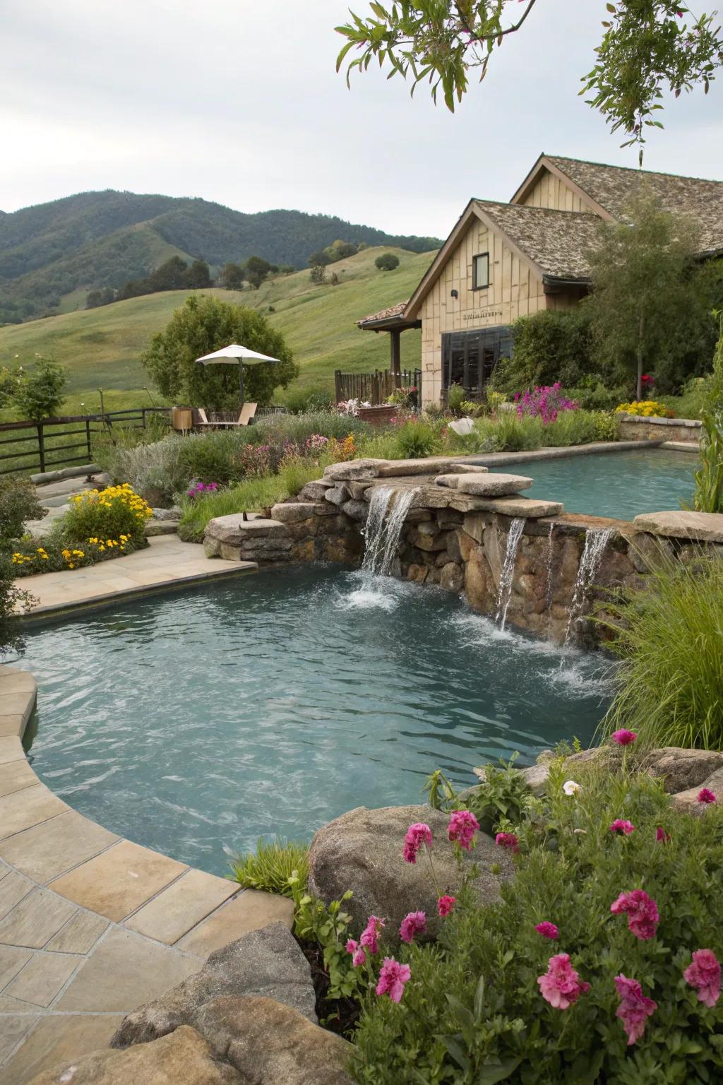 A water feature enhances the serenity of a farmhouse pool.