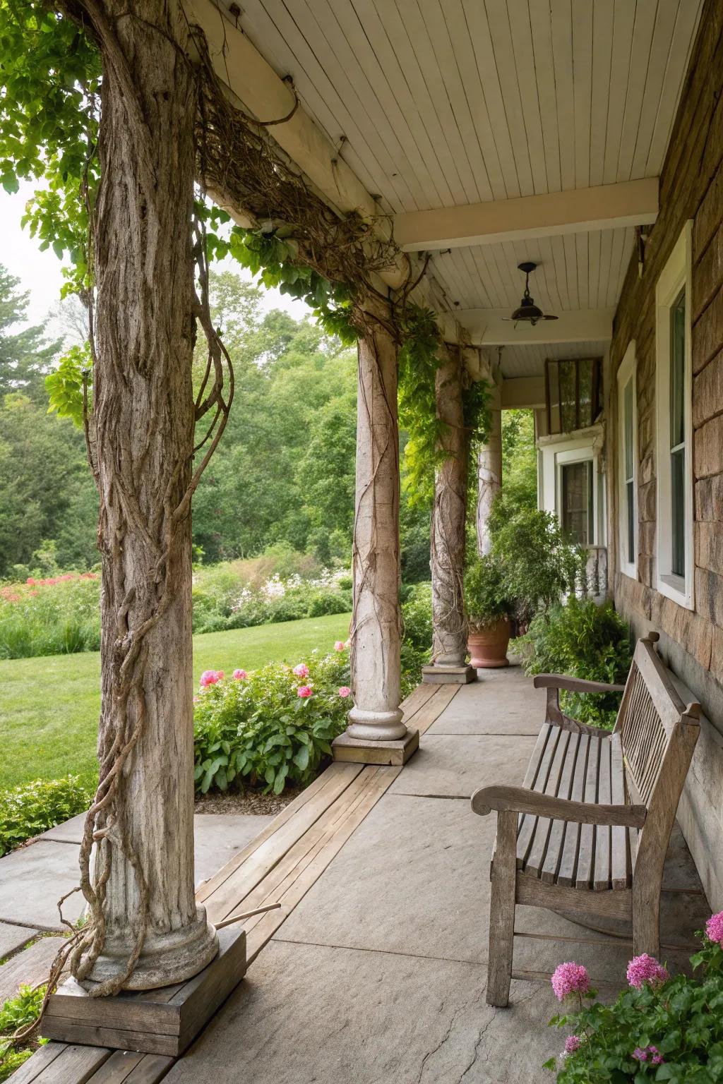 Natural stain finish enhances the wood's beauty on these farmhouse columns.