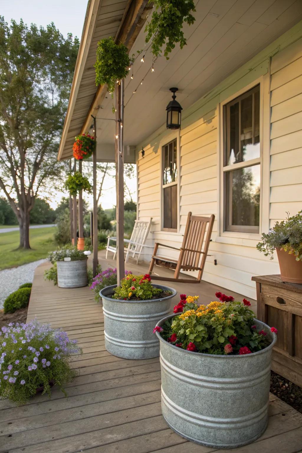 Galvanized buckets add vintage charm to your farmhouse porch.