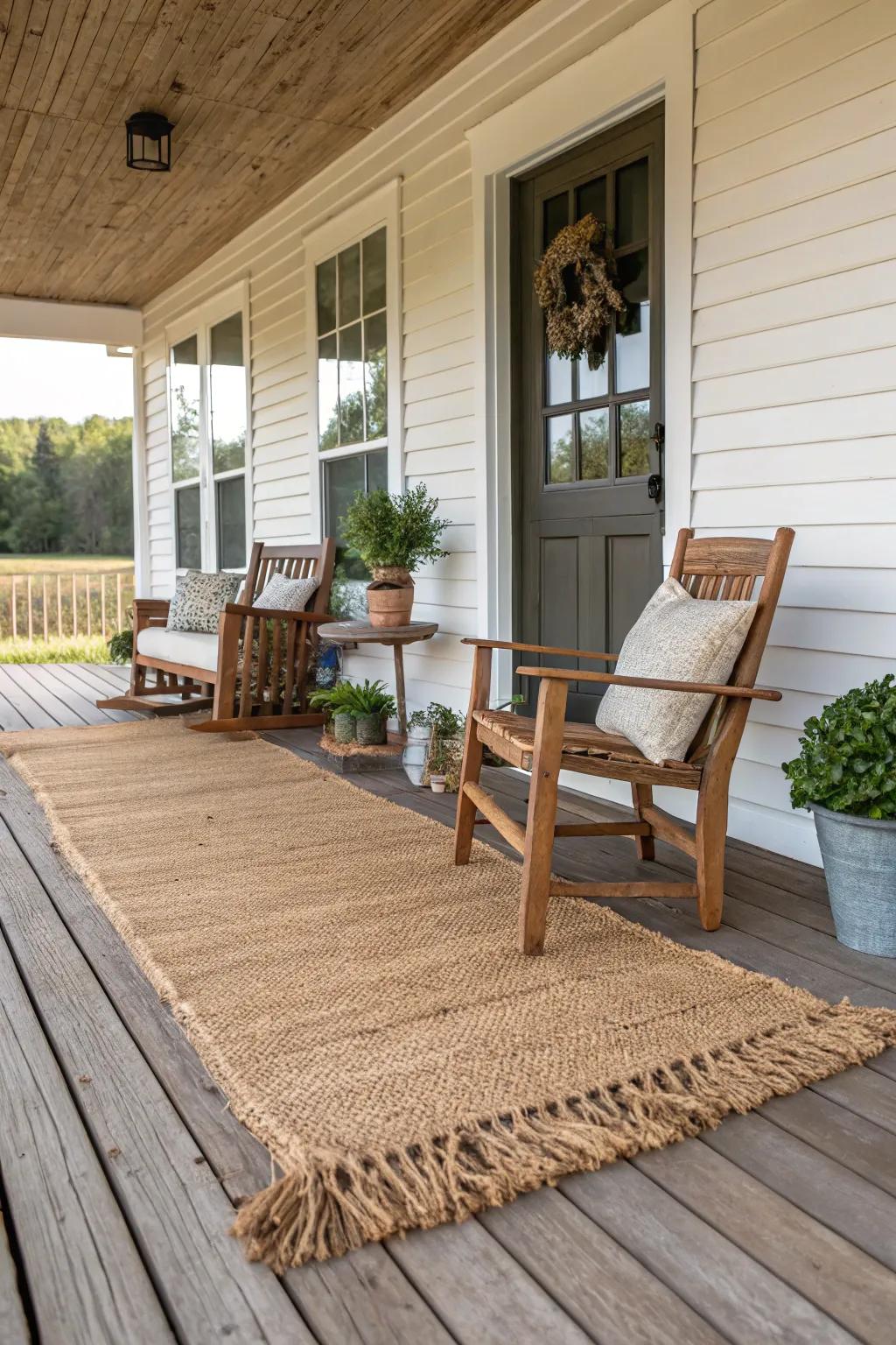 A jute rug defining the seating space on a porch.