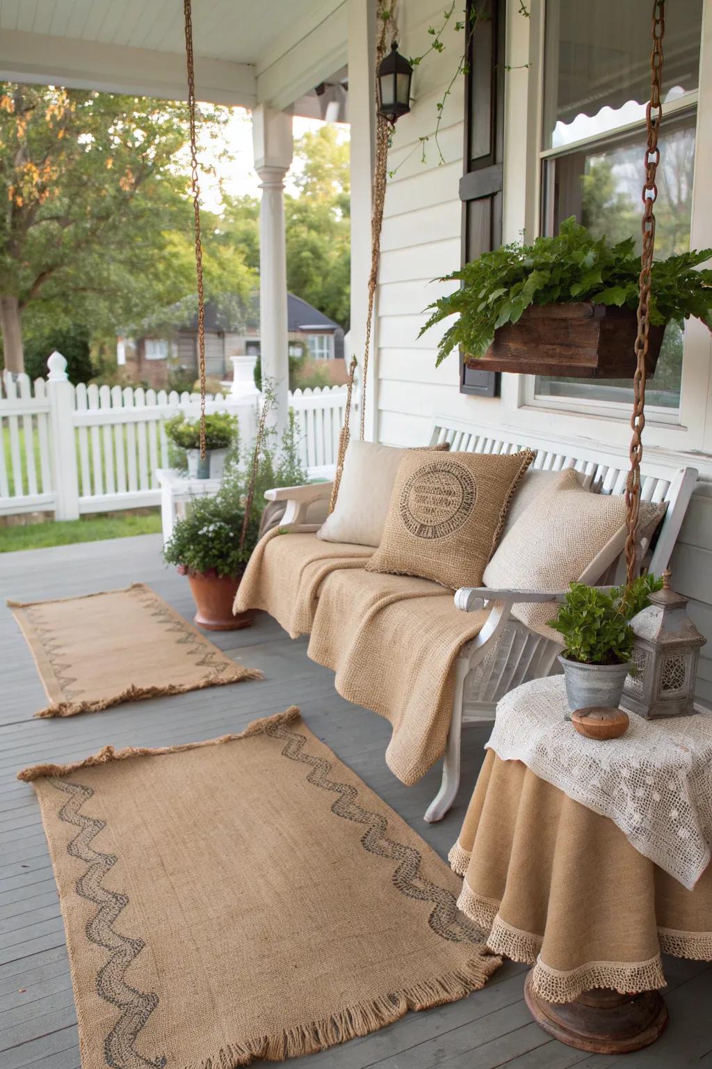 Burlap accents bring an earthy charm to the porch.