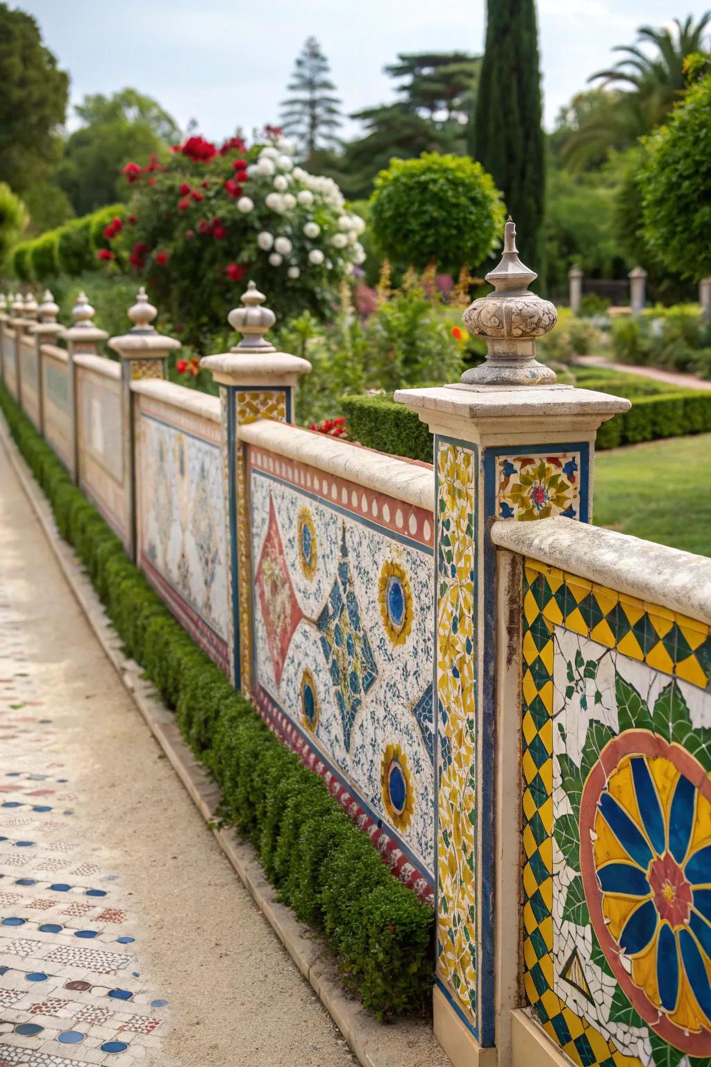 A detailed mosaic brings color and storytelling to this garden fence.