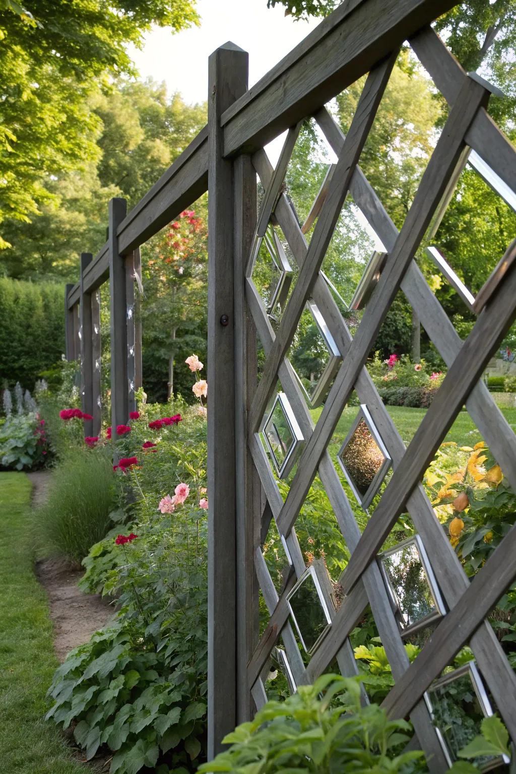 Mirrors adding depth and intrigue to a garden fence.