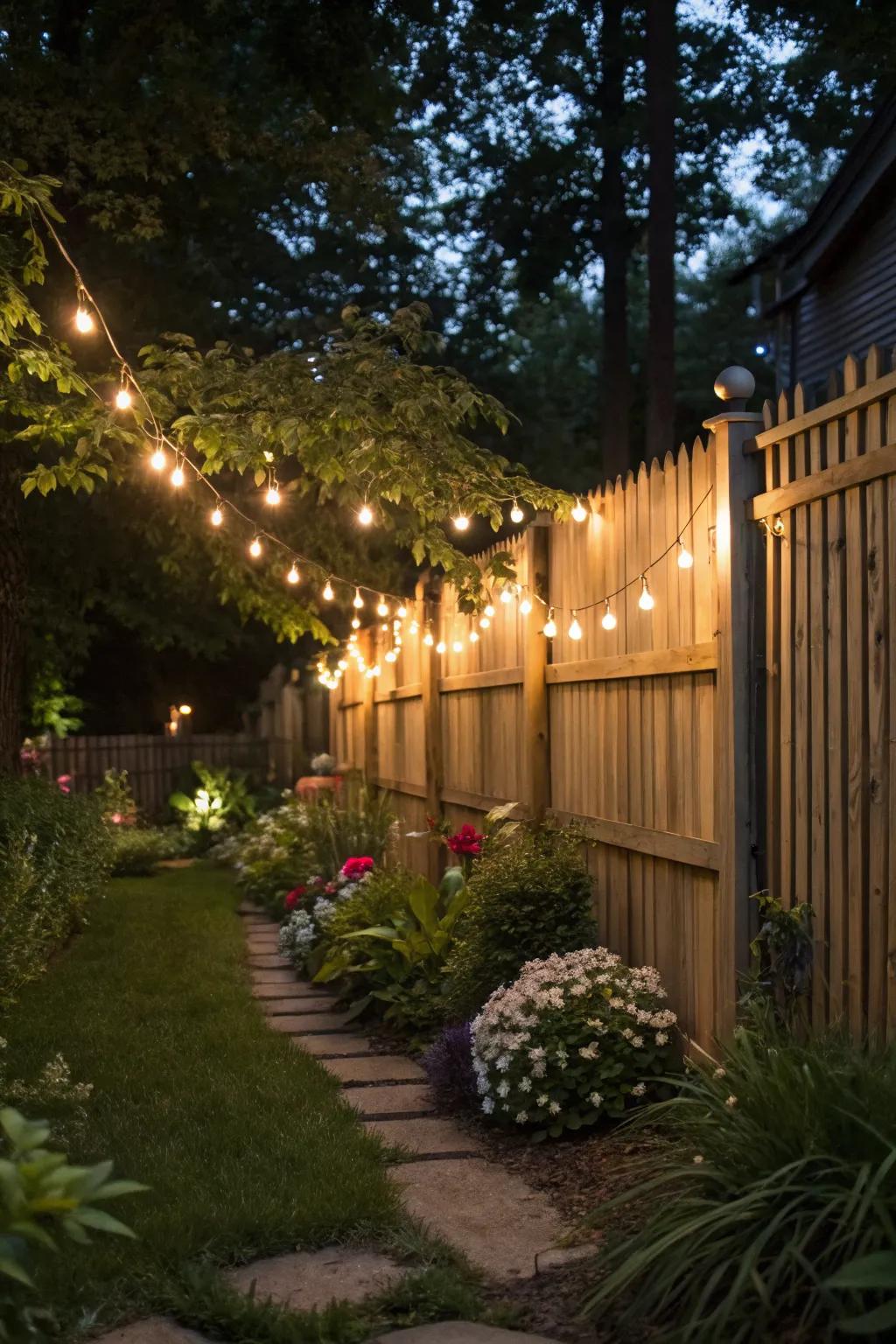 Enchanting string lights extending a fence for night charm.