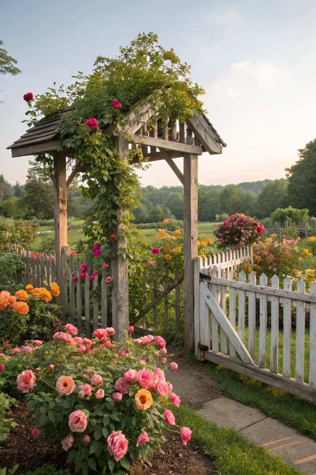 A cottage-style fence with an arbor creates a storybook garden setting.