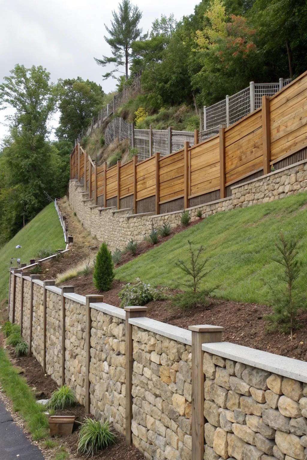 Alternating walls create a unique look on sloped landscapes.