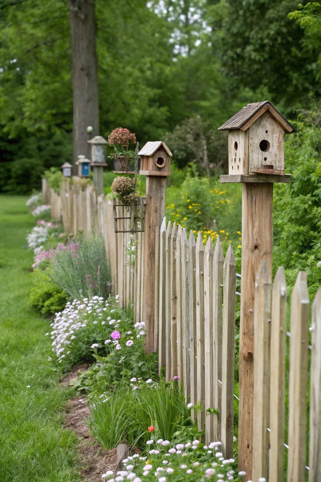 Fence posts transformed into wildlife-friendly habitats.
