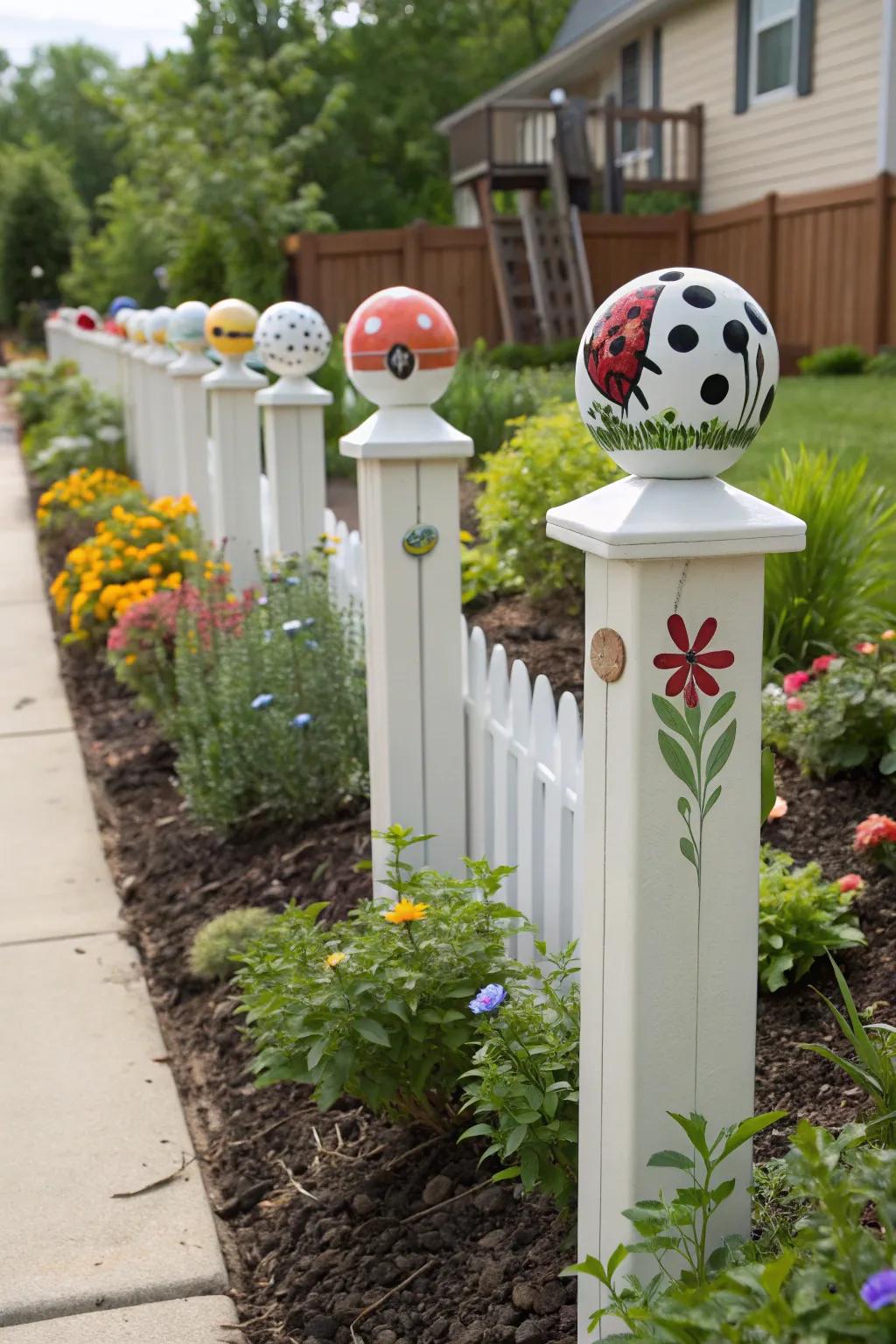 Customizable toppers offering personal flair to a garden fence.