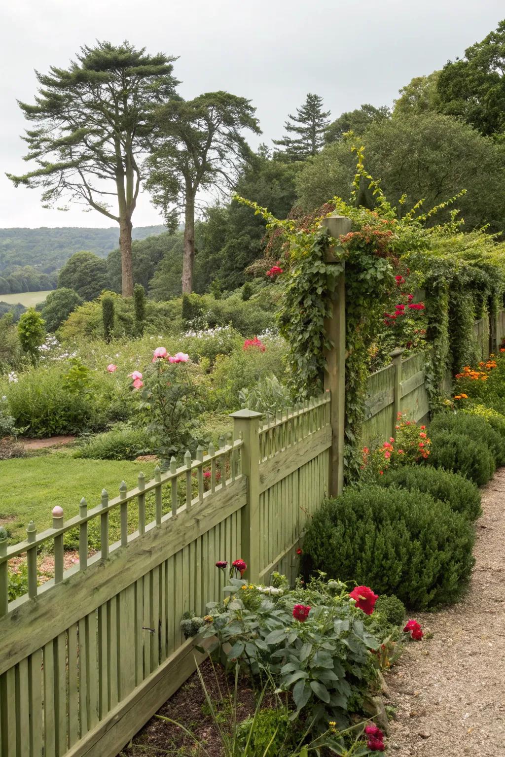 An olive green stained fence harmoniously integrates with lush garden foliage.