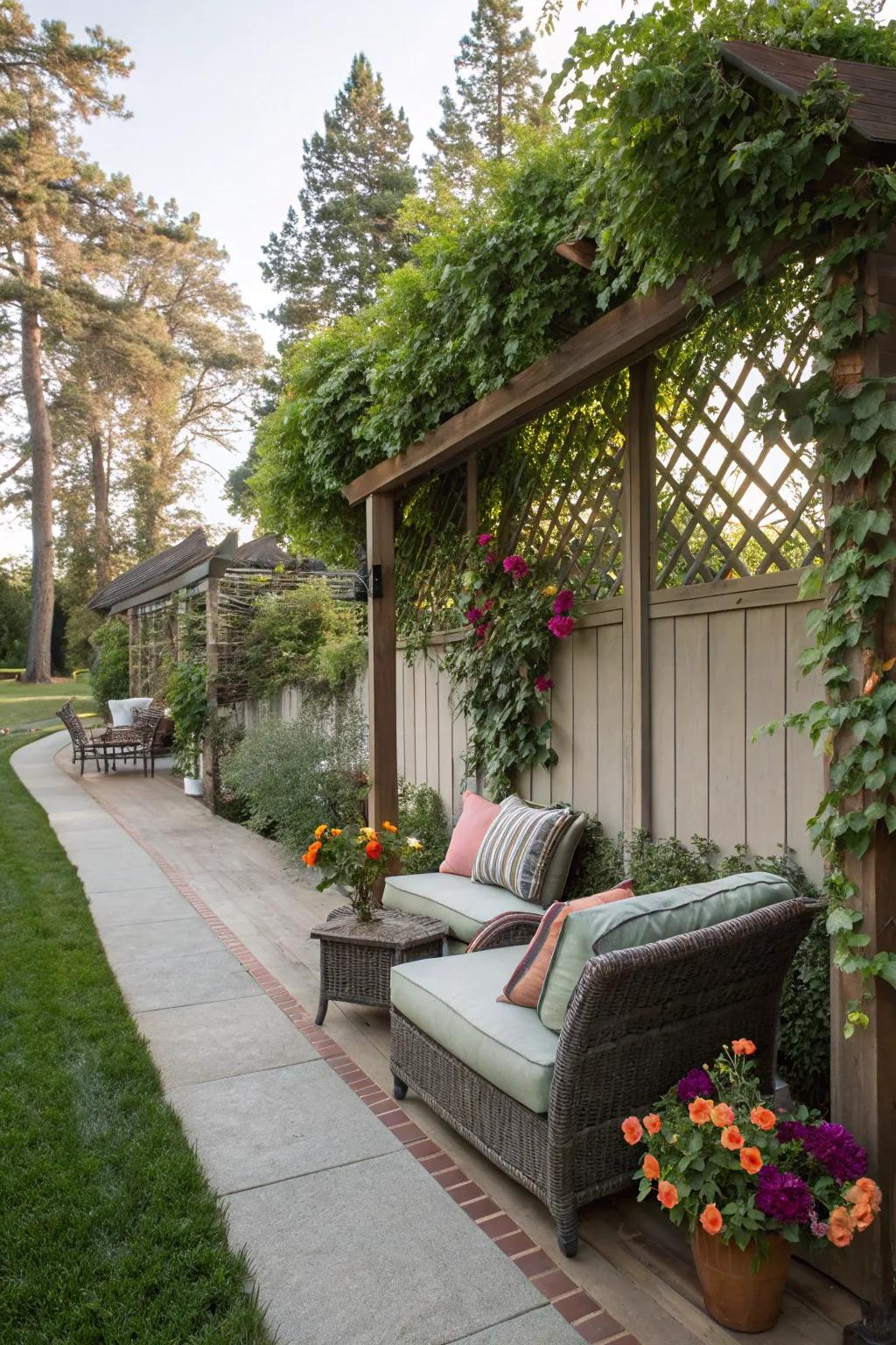 Elegant and green patio with a trellis-topped fence supporting vibrant plants.