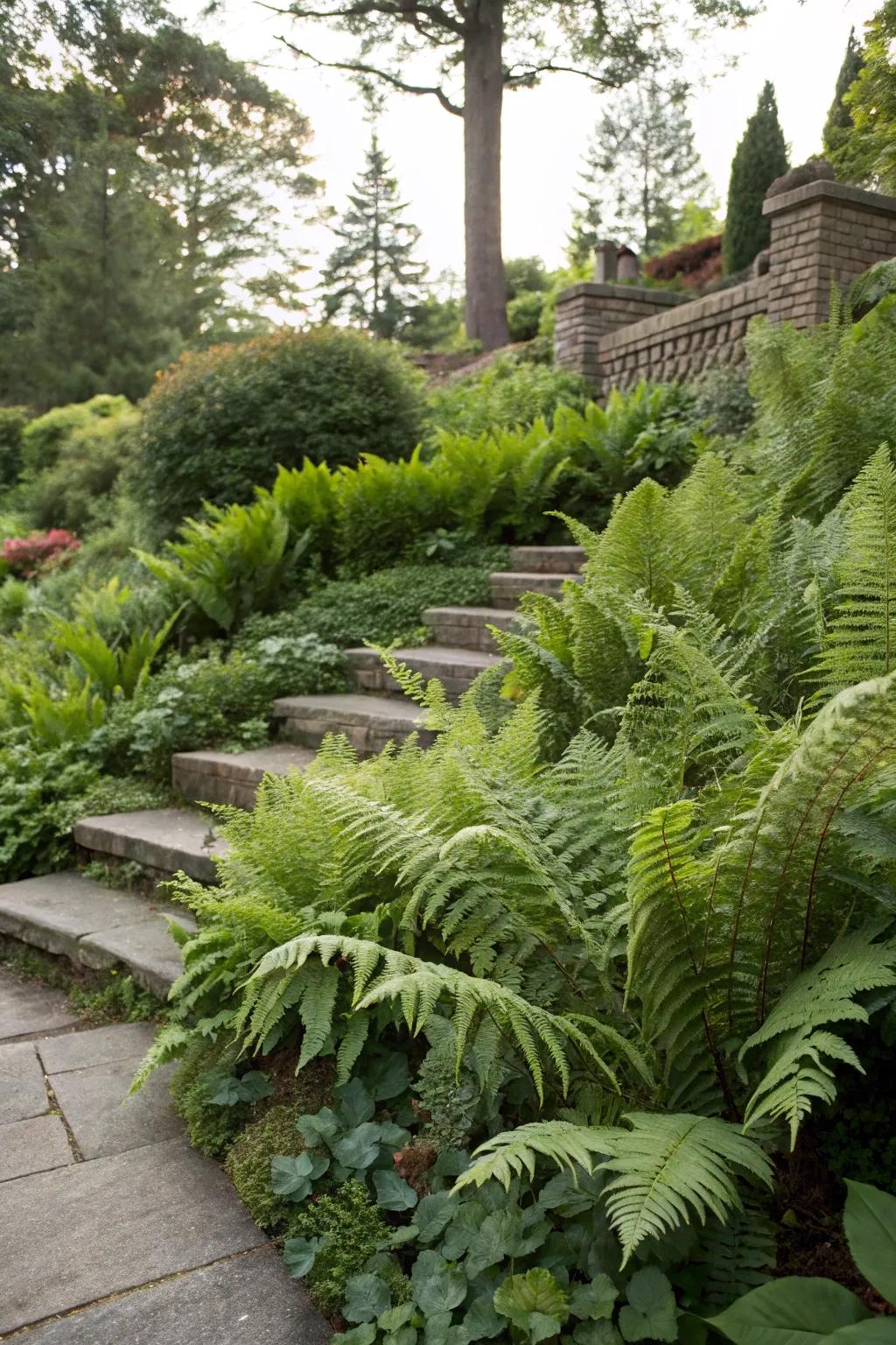 Ferns of varying heights and textures add dynamic layers to the garden.