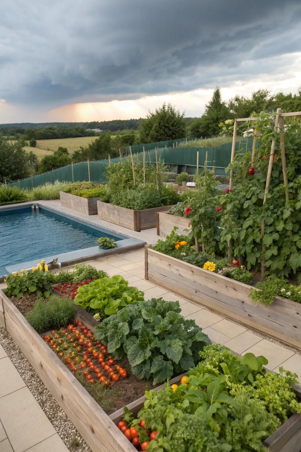 A productive vegetable garden replaces a pool.