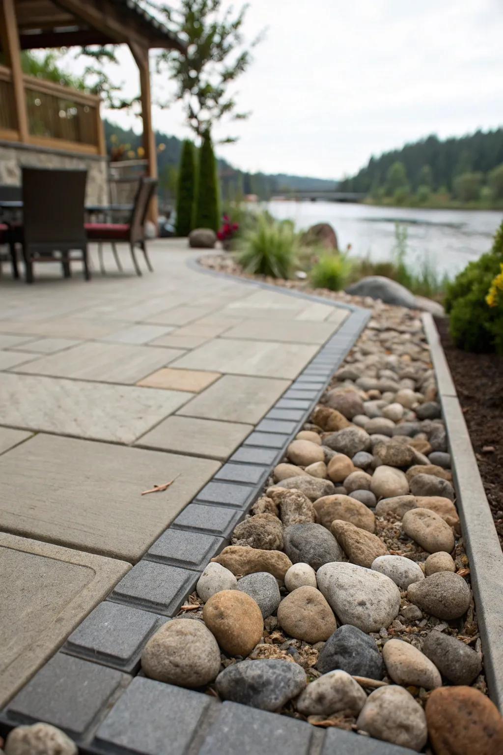 River rock offers a natural, serene look between pavers.