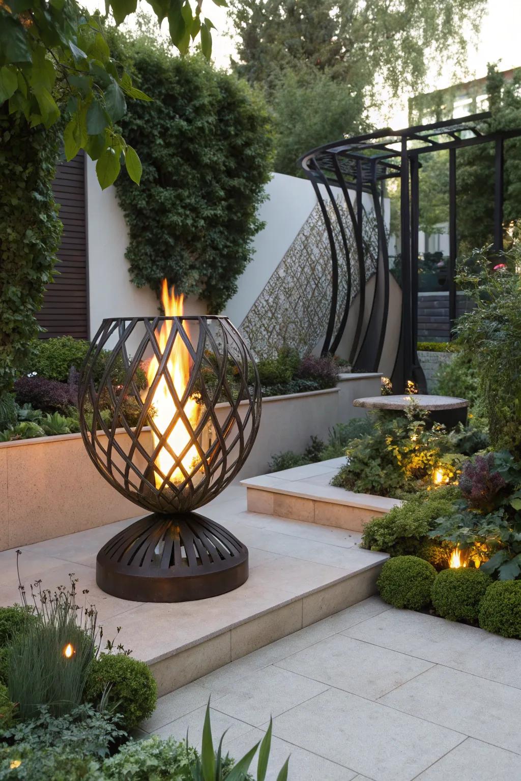 An artistic fire pit serves as both a functional feature and a stunning sculpture.