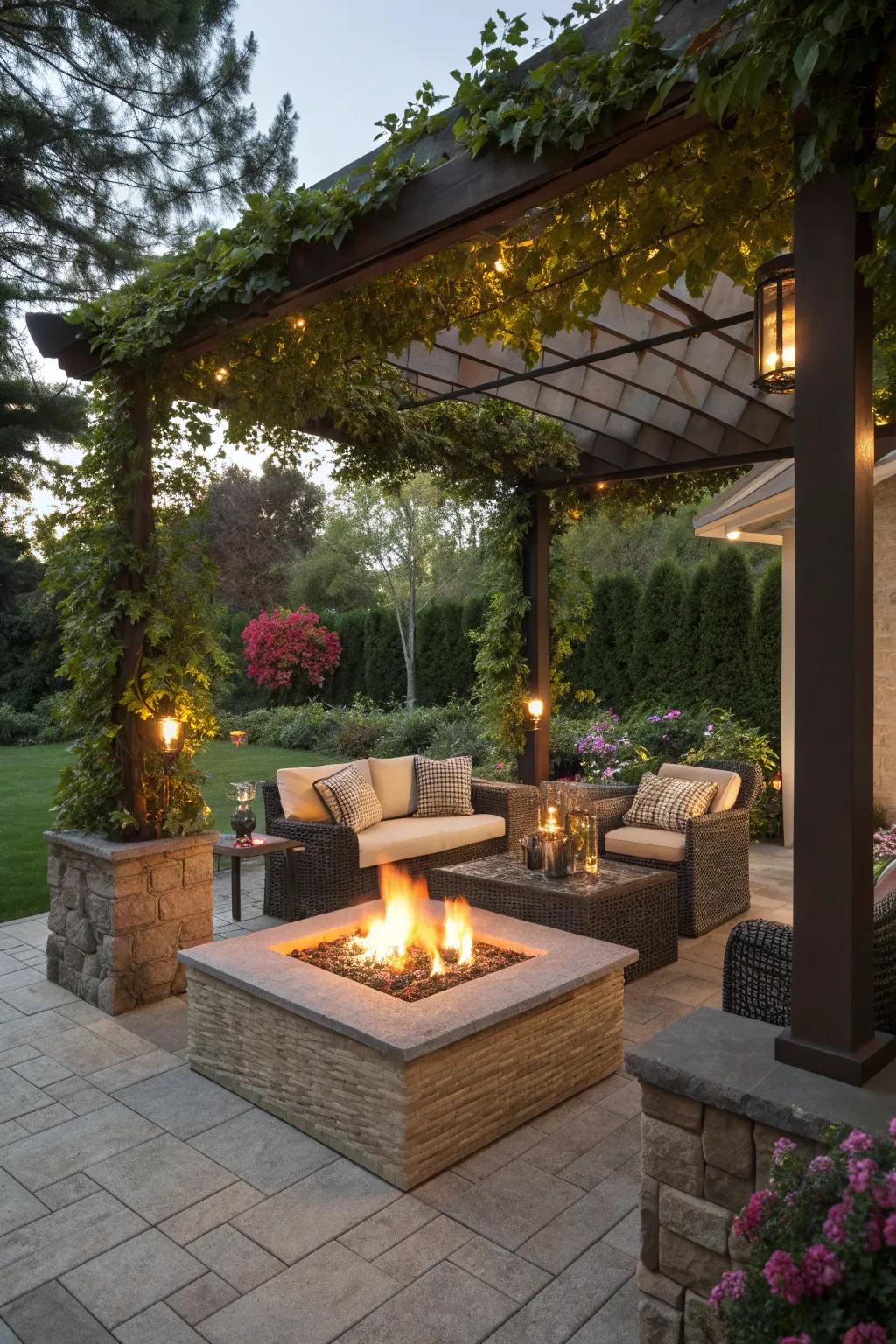 A fire pit elegantly enclosed by a pergola.