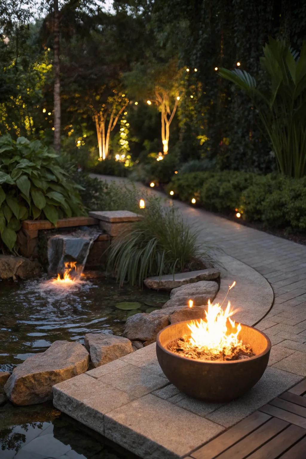 A water feature adds a tranquil element to the fire pit area.
