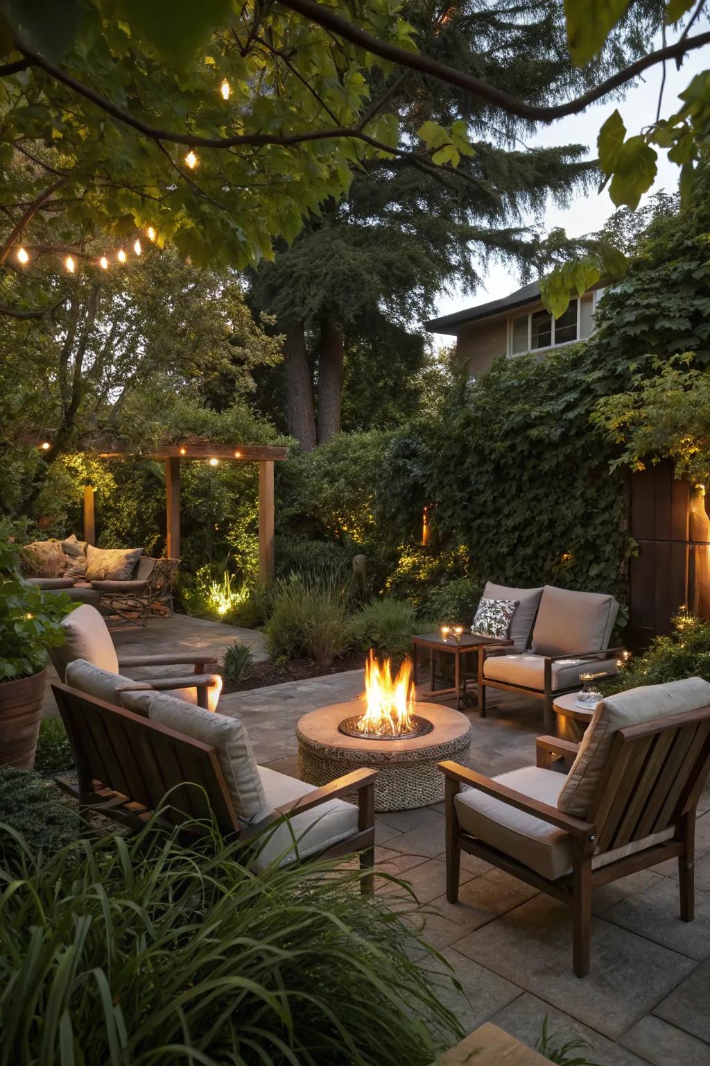 Lush greenery creates a serene escape around this inviting fire pit.
