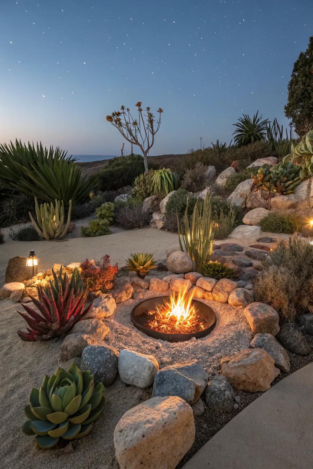 A desert oasis theme with a fire pit surrounded by succulents and sandy stones.