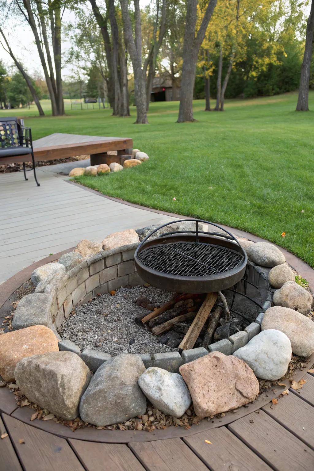 Cook and entertain with a fire ring that features a cooking grate.