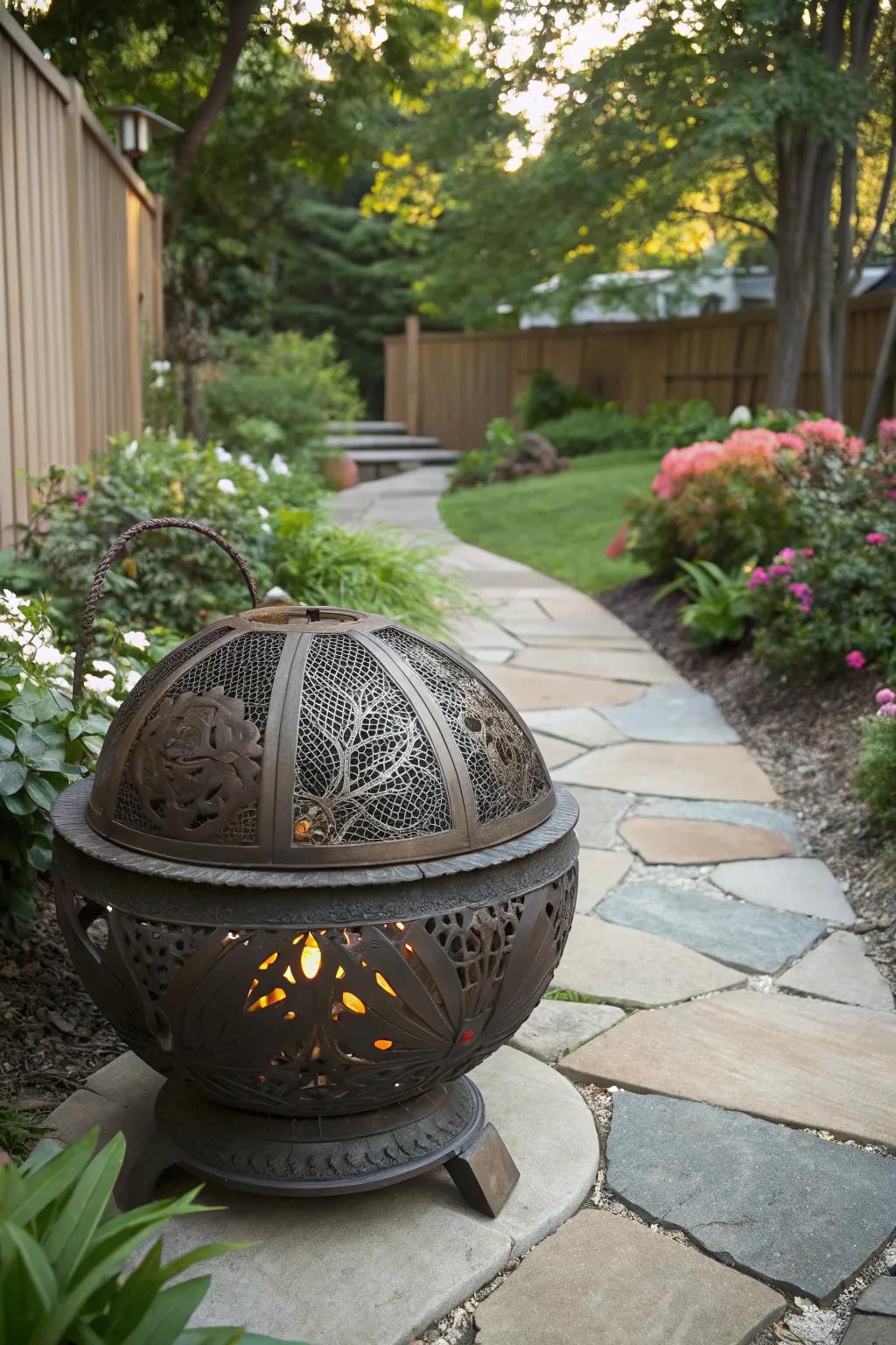 A sculptural metal fire pit creating artistic shadows in the garden.